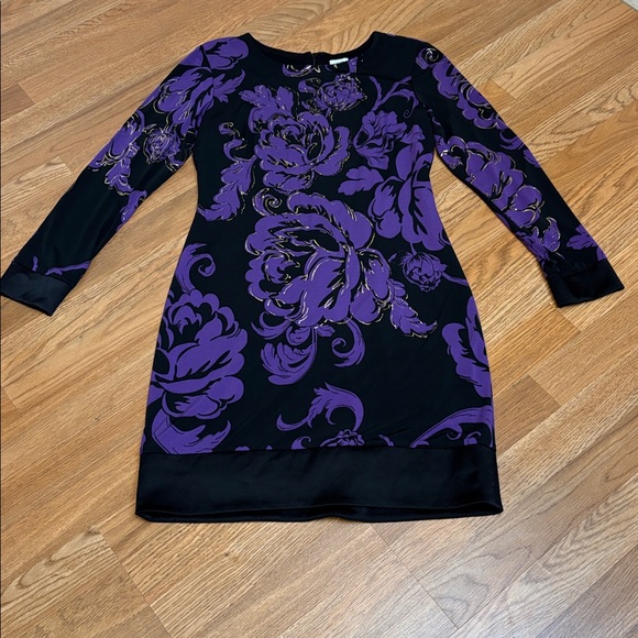 Cache, elegant black purple and gold floral long sleeve mini dress. Size 10. - Picture 10 of 17
